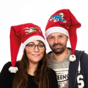 Nissehue i filt med Brammingnisser - Grøn nisse og gås